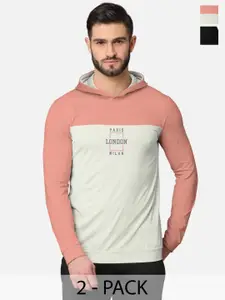 BULLMER Men Pack Of 2 Pink & Black Front & Back Printed Hooded Sweatshirts