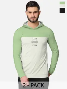 BULLMER Men Green and Black Printed Hooded Cotton Pack of 2 Sweatshirts