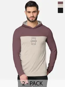 BULLMER Men Pack of 2 Taupe & Black Printed Cotton Hooded Sweatshirt