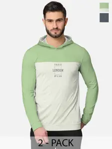 BULLMER Men Pack Of 2 Green & Grey Printed Cotton Hooded Sweatshirt