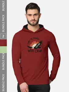 BULLMER Men Pack of 2 Red & Green Printed Hooded Sweatshirt