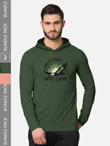 BULLMER Men Pack of 2 Olive Green & Pink Printed Hooded Sweatshirt