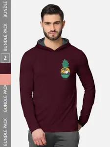 BULLMER Men Pack of 2 Burgundy & Pink Printed Hooded Sweatshirt
