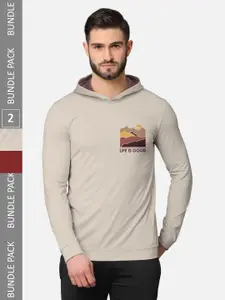 BULLMER Men Pack Of 2 Beige & Navy Blue Front & Back Printed Hooded Sweatshirts