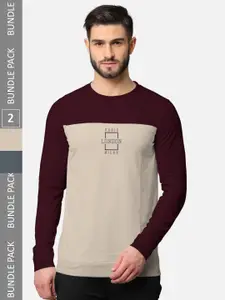 BULLMER Men Pack Of 2 Burgundy & Grey Typography Printed Cotton T-shirt