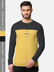 BULLMER Men Pack Of 2 Grey & Black Typography Printed Cotton T-shirt