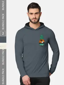 BULLMER Pack of 2 Men Grey Printed Hooded Sweatshirt