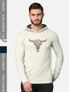 BULLMER Pack of 2 Men Cream-Coloured Printed Hooded Sweatshirt