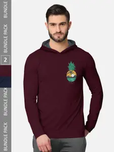 BULLMER Pack of 2 Men Burgundy Printed Hooded Sweatshirt