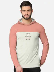 BULLMER Men Peach & Off White Colourblocked Hooded Sweatshirt