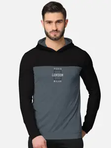 BULLMER Men Black & Charcoal Printed Cotton Hooded Sweatshirt