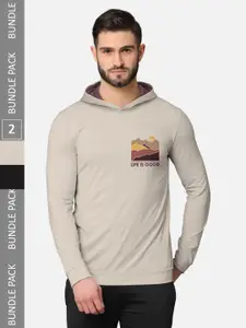 BULLMER Men Pack Of 2 Black & Beige Printed Cotton Hooded T-shirt