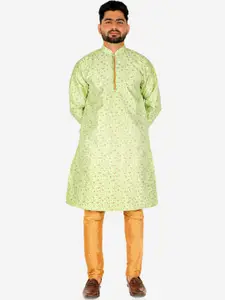 Pro-Ethic STYLE DEVELOPER Men Green Pure Silk Woven Design Kurta with Pyjamas