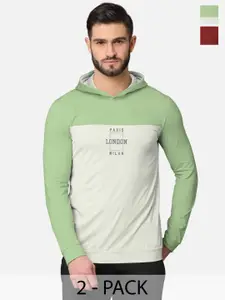 BULLMER Men Pack of 2 Green & Maroon Printed Hooded Sweatshirt