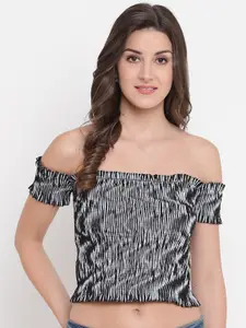 Aawari Black & White Printed Off-Shoulder Smocked Bardot Crop Top