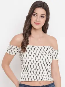 Aawari Off White & Black Printed Off-Shoulder Smocked Bardot Crop Top