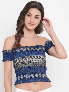 Aawari Blue & Beige Printed Off-Shoulder Smocked Bardot Crop Top