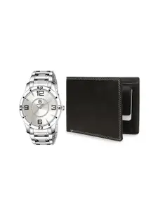 MARKQUES Men Silver Toned & Black Analouge Watch & Wallet Combo Set