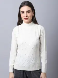Cantabil Women Off White Cable Knit Pullover