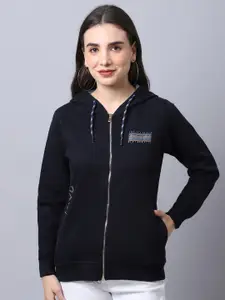 Cantabil Women Navy Blue Sold Fleece Hooded Sweatshirt