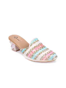 The Desi Dulhan Women Pink & Blue Ethnic Open Back Block Pumps