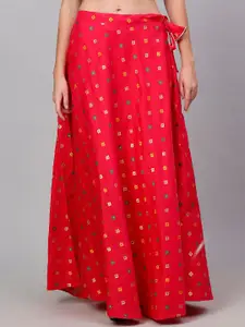 NEUDIS Women Red Jacquard Maxi Flared Skirt