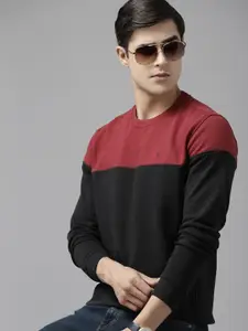 Van Heusen Men Black & Maroon Colourblocked Sweatshirt
