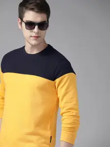 Van Heusen Men Navy Blue & Yellow Colourblocked Sweatshirt