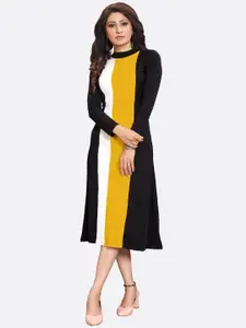 LONDON BELLY Women Black & Yellow Colourblocked A-Line Midi Dress