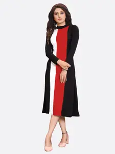 LONDON BELLY Women Black & Red Colourblocked A-Line Midi Dress