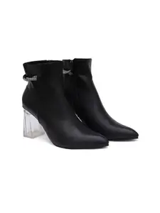 SHUZ TOUCH Women Black Solid Mid-Top Block Heel Boots with Embellished Detail