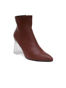 SHUZ TOUCH Women Brown & Transparent Block Heel Ankle Length Boots