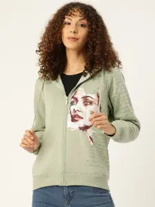 Madame Women Graphic Printed Hooded Faux Fur Trim Sweatshirt