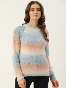 Madame Women Colourblocked Sweater with Fuzzy Detail