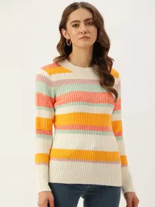 Madame Women Off White & Orange Striped Sweater