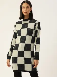 Madame Women Checked Longline Sweater with Fuzzy Detail