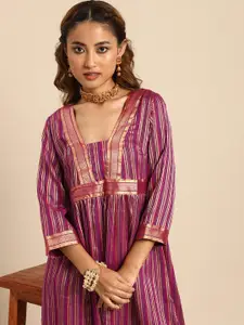 Sangria Magenta Striped Fit & Flare Ethnic Dress