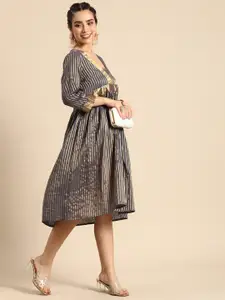 Sangria Grey Striped Fit & Flare Ethnic Dress