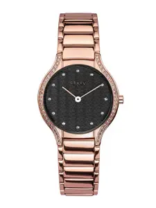 Obaku Women Black Brass Embellished Dial & Rose Gold-Plated Stainless Steel Bracelet Style Straps Analogue Watch
