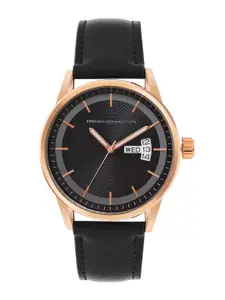 French Connection Men Black Dial & Black Leather Straps Analogue Watch FC154RGM-Black