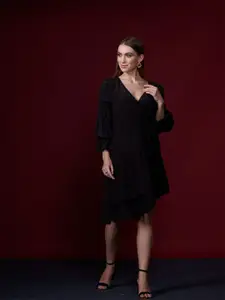 Style Island Black Solid Asymmetric Mini Wrap Dress