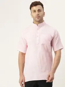 RIAG Men Pink Solid Mandarin Collar Half Sleeves Cotton Short Kurta