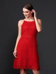 Style Island Red Self Design A-Line Dress
