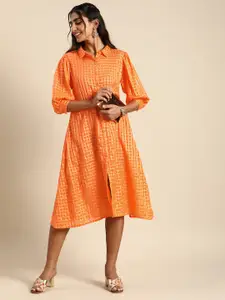 Sangria Women Orange & Golden Checked Pure Cotton Ethnic A-Line Dress