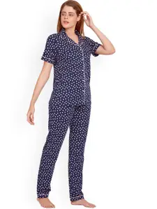 MAYSIXTY Women Navy Blue & White Pure Cotton Printed Night suit