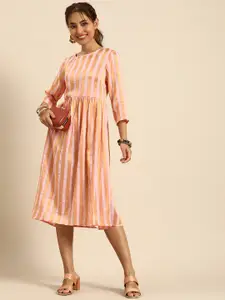 Sangria Pure Cotton Striped Ethnic Midi Dress