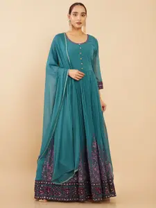Soch Teal Floral Georgette Ethnic Maxi Dress With Pant & Dupatta
