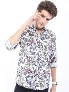 HIGHLANDER Men Cream-Coloured Slim Fit Floral Printed Casual Shirt