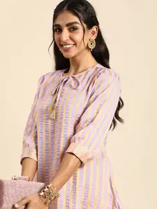 Sangria Women Lavender & Yellow Striped Pure Cotton Kurta