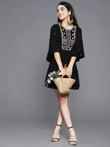 Ishin Black Floral Embroidered Mini Dress